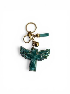Teal Winged Cross Keychain with Gold Hardware